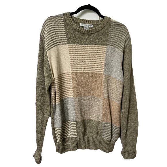 Vintage Geoffrey Beene Sweater Mens M Cotton Patchwork Grandpa Neutral Cabin - Picture 1 of 6